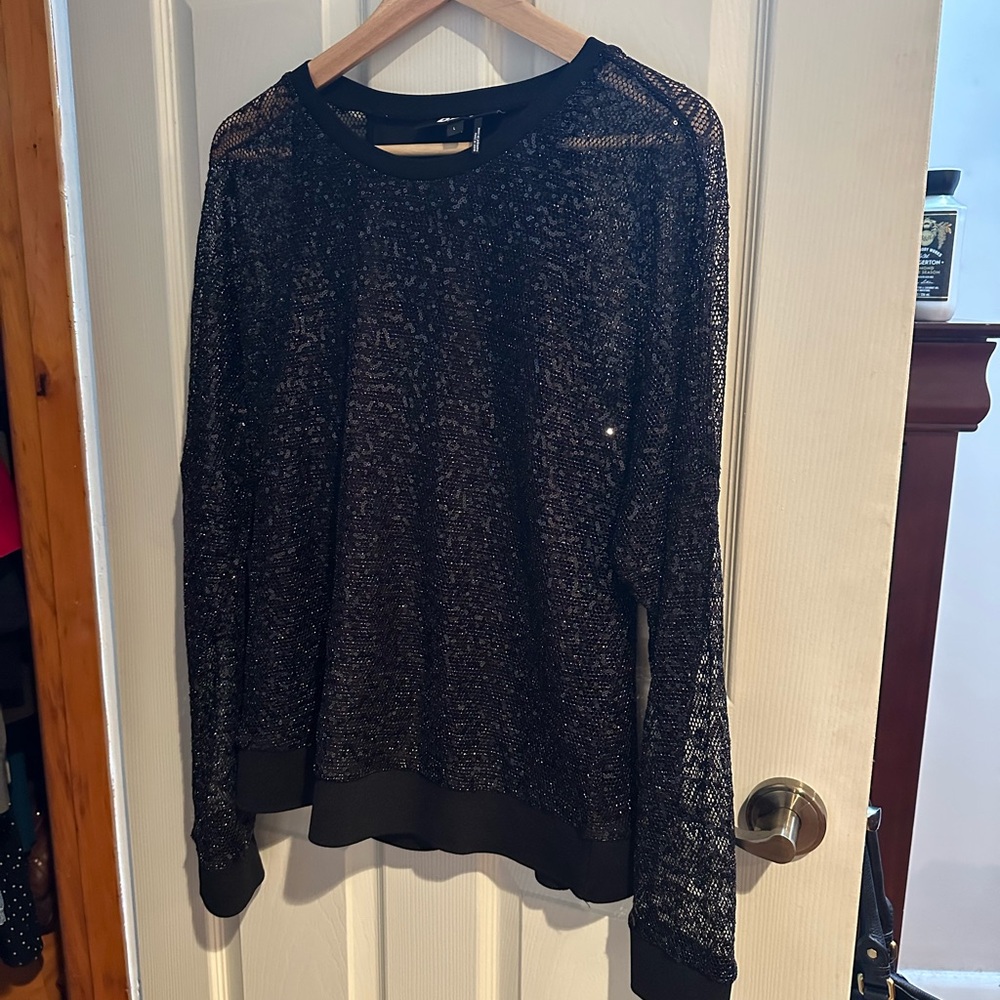 DKNY Sheer Black Metallic Knit Long-Sleeve Top